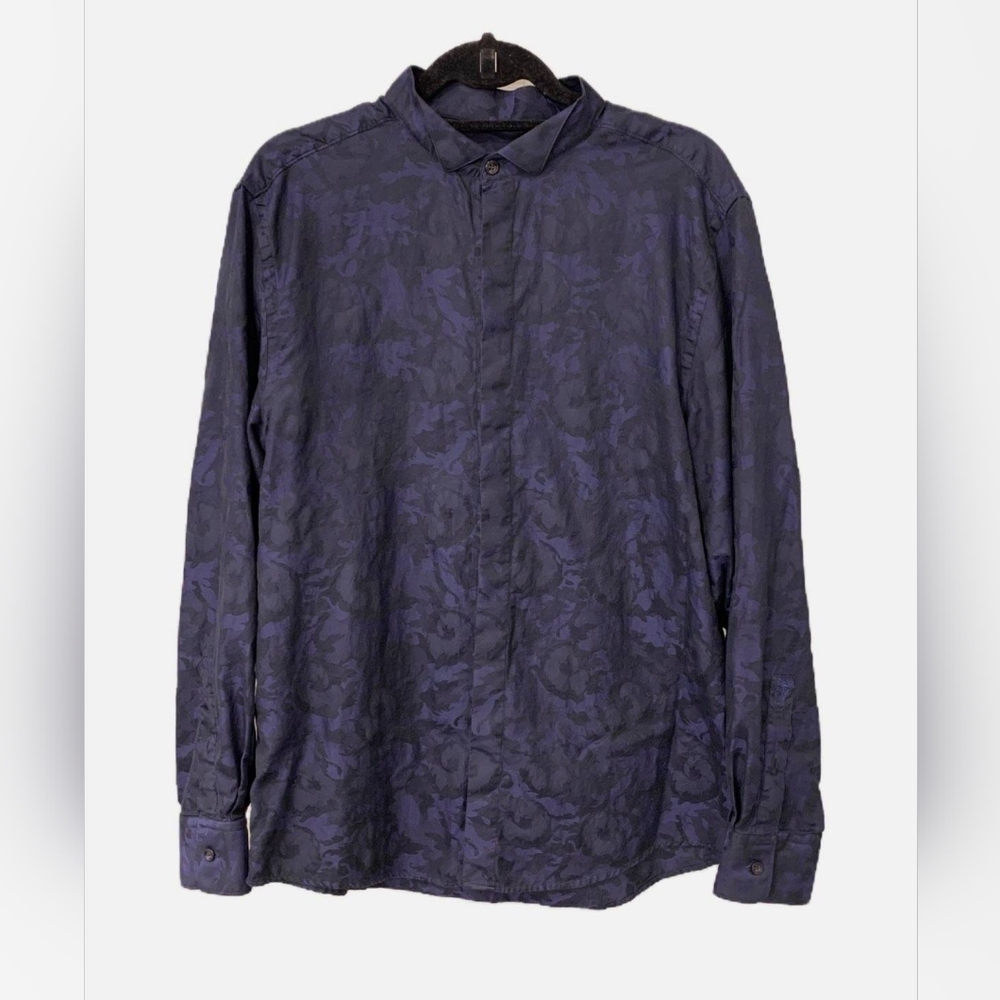 Versace Collection Black and Navy Baroque Print Dress Shirt Size 45